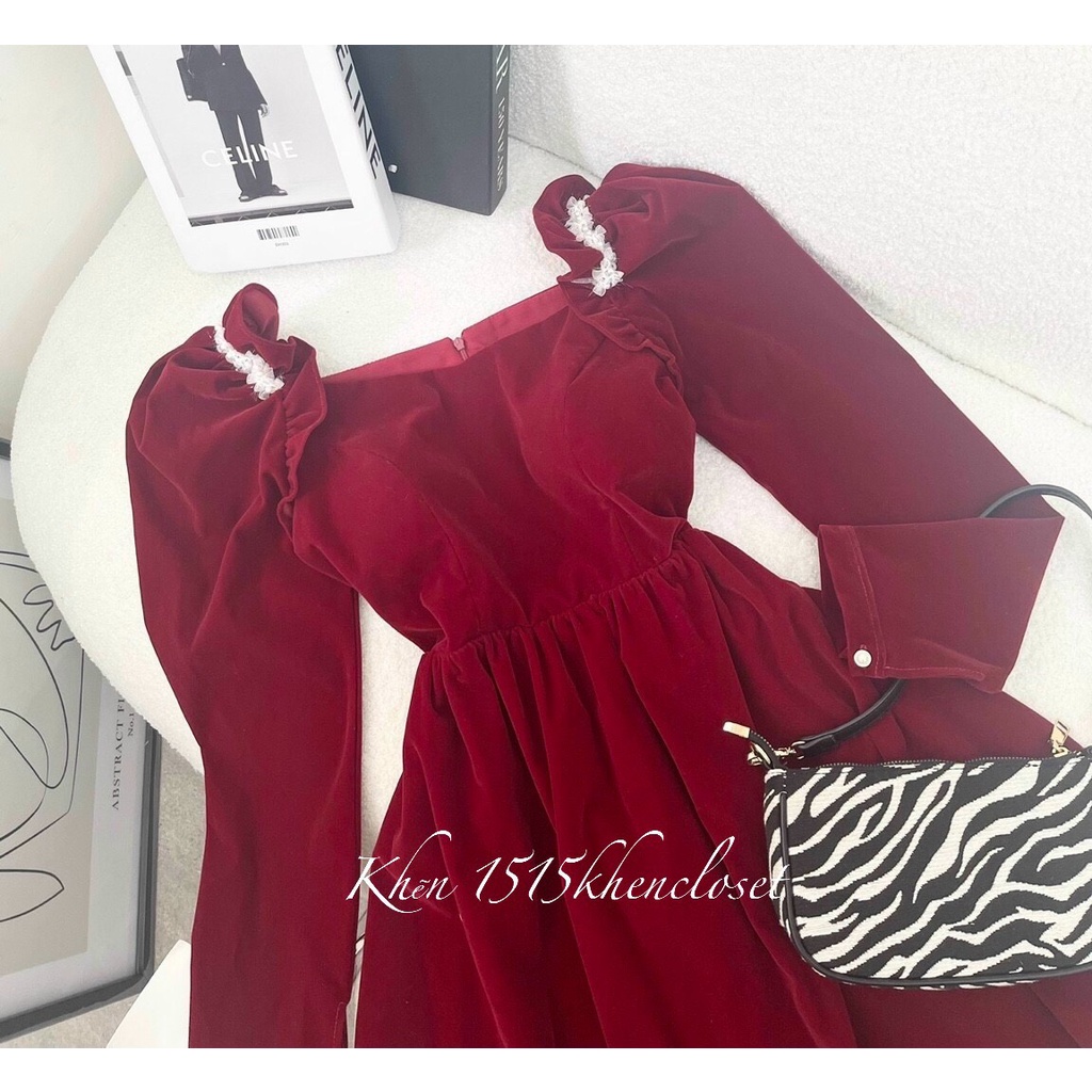 Đầm nhung đỏ xoè viền hoa vai tay dài