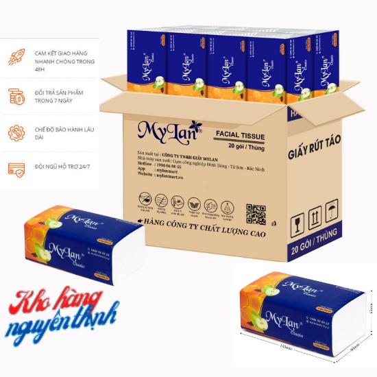 1 Thùng (20 Gói) Giấy ăn,Giấy Rút Mylan Quả Táo Cao Cấp 4 Lớp (400 Tờ/Gói)-Không hóa chất,Gỗ thông 100%