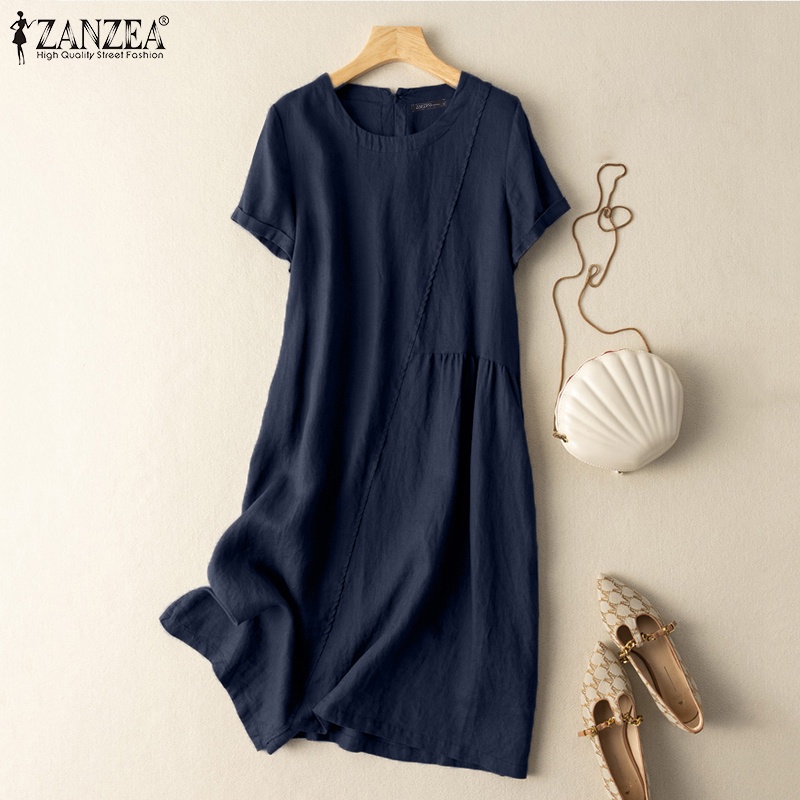 Đầm dài ZANZEA cổ tròn tay ngắn dáng rộng cài nút sau lưng thời trang cho nữ