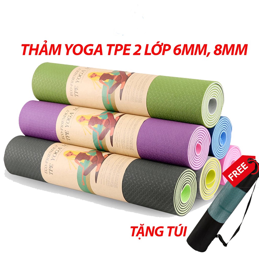 Thảm yoga chống trượt TPE 2 lớp 6mm tặng kèm túi thảm tập gym thể dục tại nhà GSPORTS