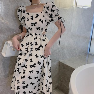 Váy Đầm Cotton Bồng Nơ Dài Họa Tiết Nơ Xinh Xắn Cho Nữ