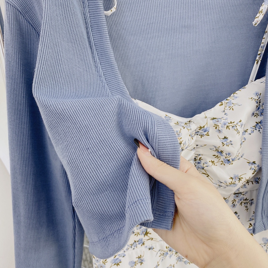 SET ĐẦM MIDI NHÍU NGỰC XẺ HOA KHOÁC XANH