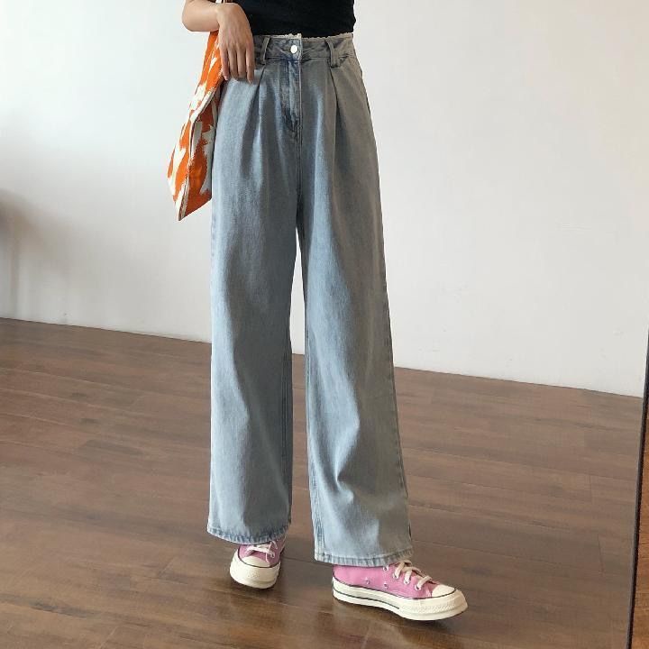 Quần jean lưng cao dáng rộng phong cách retro Hàn Quốc dễ phối đồ