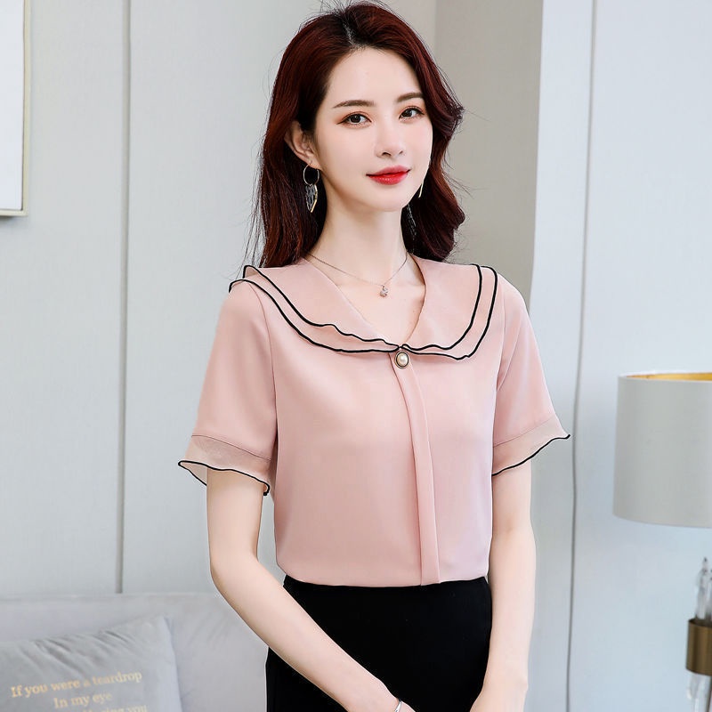 Áo Voan Ngắn Tay Cổ Búp Bê Xinh Xắn Thanh Lịch Cho Nữ Mùa Hè