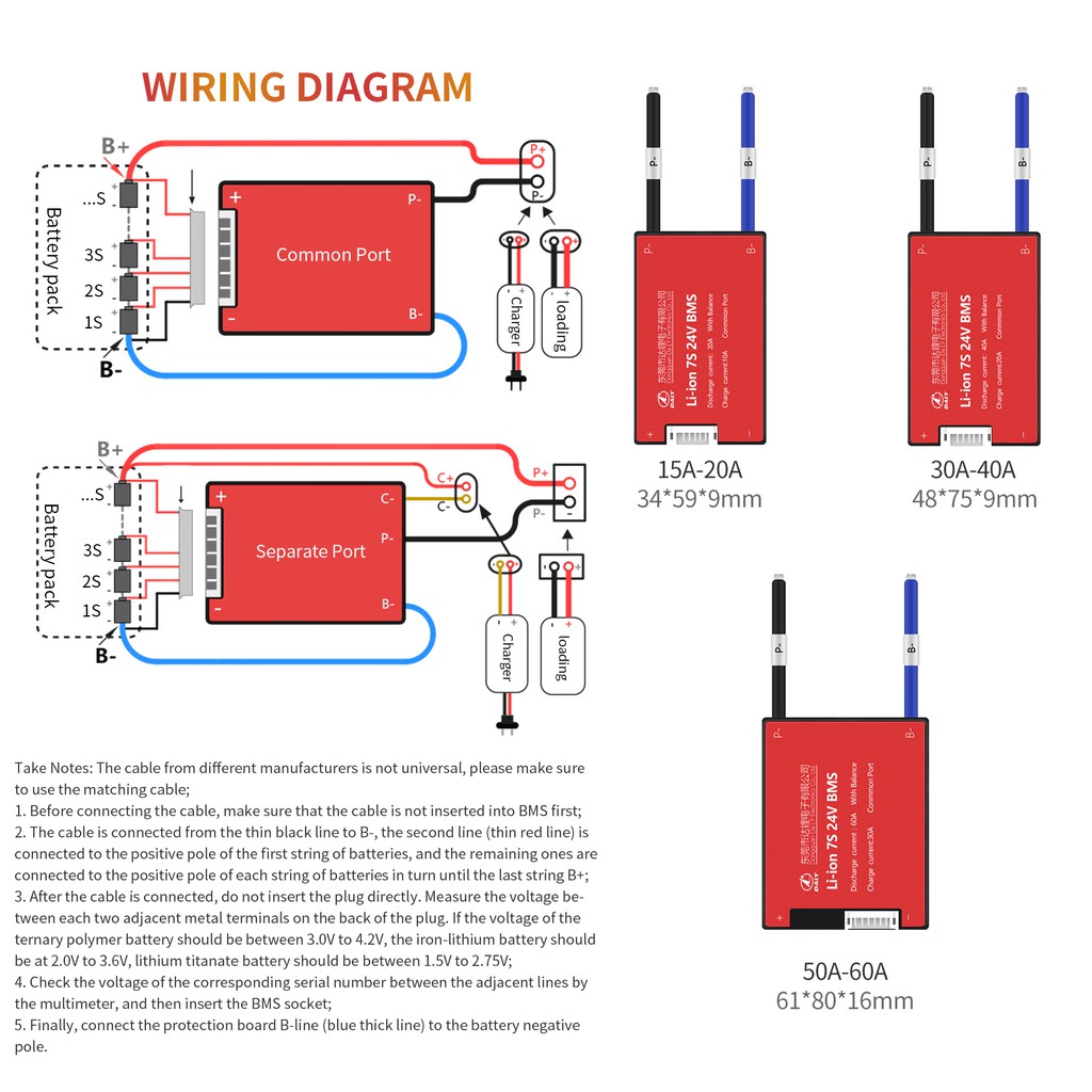 Bảng mạch sạc điện pin Lithium BMS Li Lipo NiCoMn Ion chống thấm nước 7S 15A 20A 30A 40A 60A 24V có cân bằng