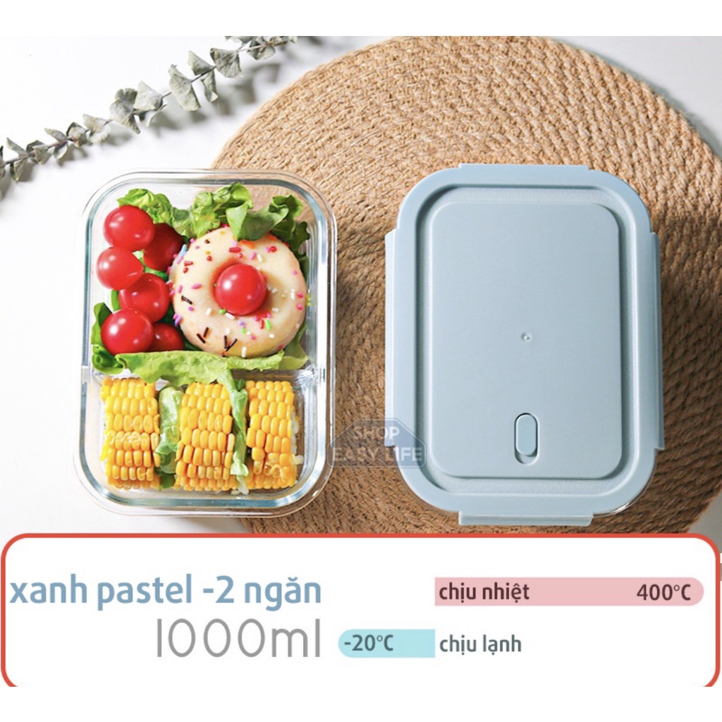 Hộp Thủy Tinh 1L 2 Ngăn Red Cherry - Hộp Cơm Văn Phòng Chịu Nhiệt, Chống Tràn - Dùng Được Lò Vi Sóng