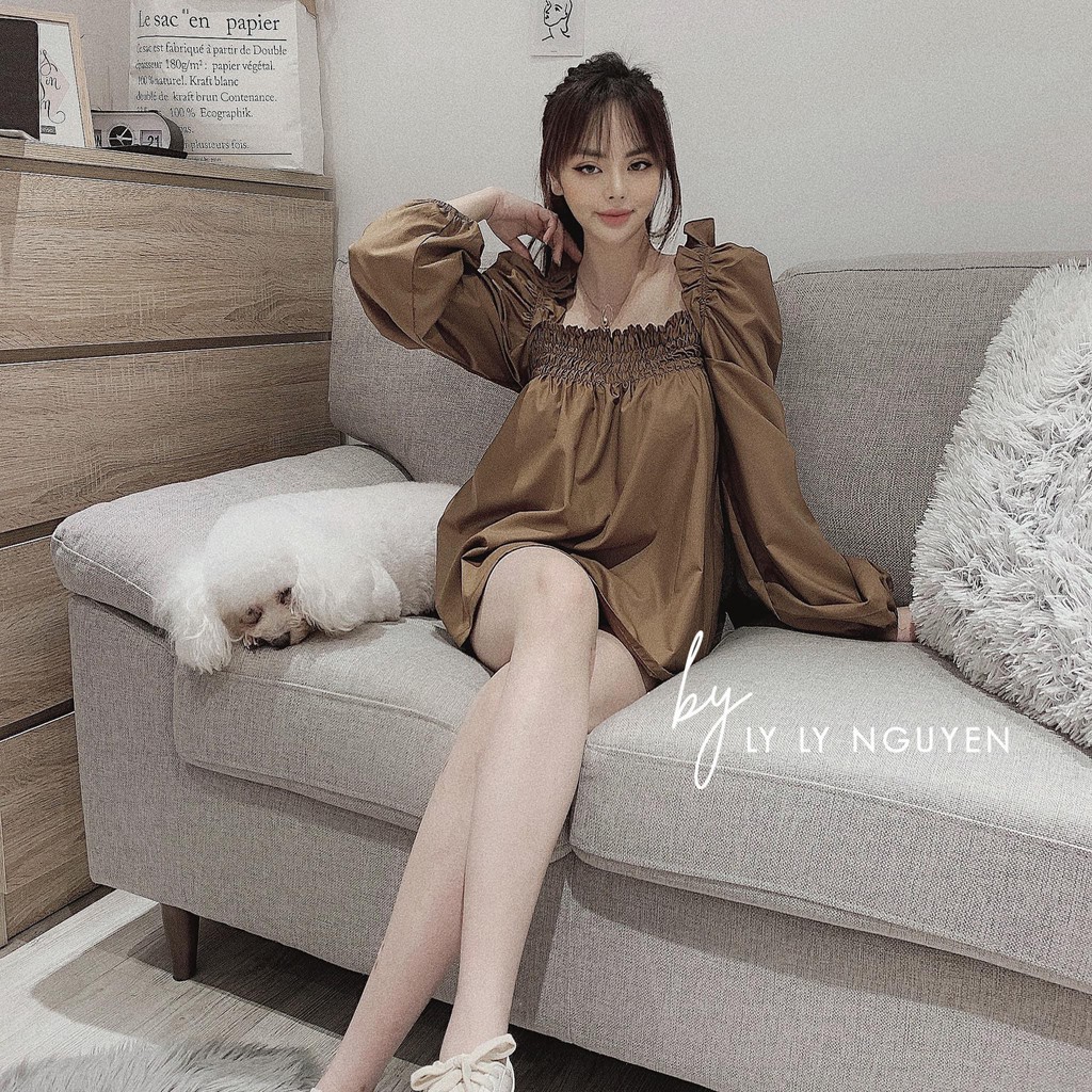 ÁO TRỄ VAI CỔ VUÔNG DÀI TAY MÀU NÂU TÂY CỰC KỲ SANG CHẢNH