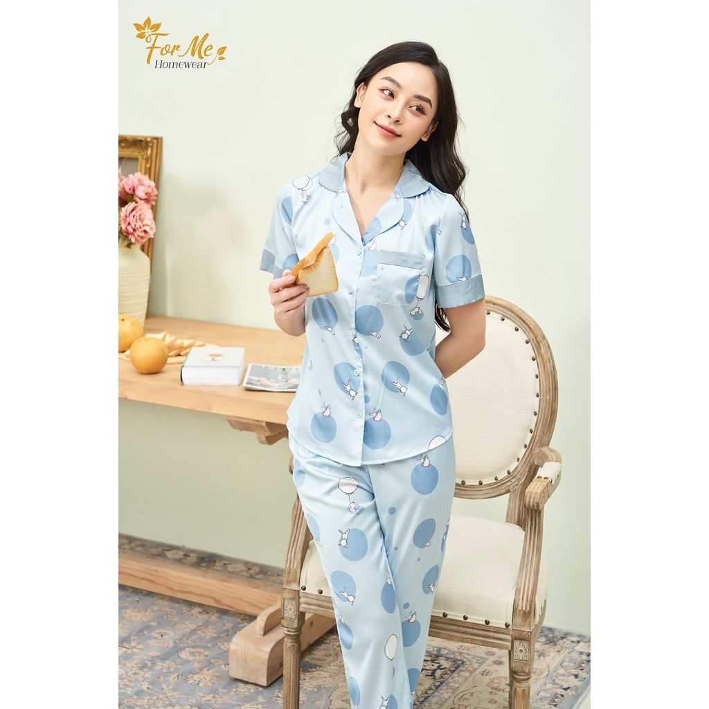 Bộ đồ ngủ, mặc nhà lụa giấy luxury ngắn tay quần dài thỏ bóng bay Xanh 10 , forme pijama