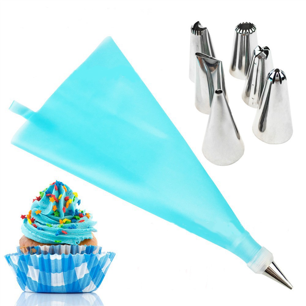 Bộ 6 đui bắt kem, bánh qui, su kem kèm chốt và túi bóp kem silicone
