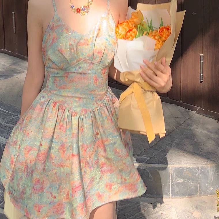 Đầm Ngắn Cổ Chữ V In Họa Tiết Hoa Phong Cách Pháp Cổ Điển Thời Trang Cho Nữ