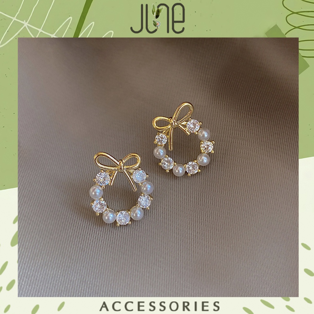 Hoa tai nữ bạc 925 hình tròn đính đá mix nơ nhỏ xinh dễ thương thời trang Hàn Quốc June accessories