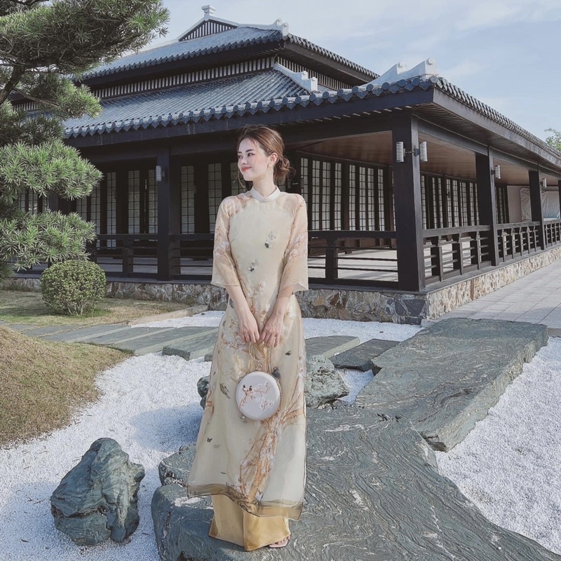 Áo Dài Voan Tơ 4 Tà Màu Da In Hình Cao Cấp_ADCHIMDA