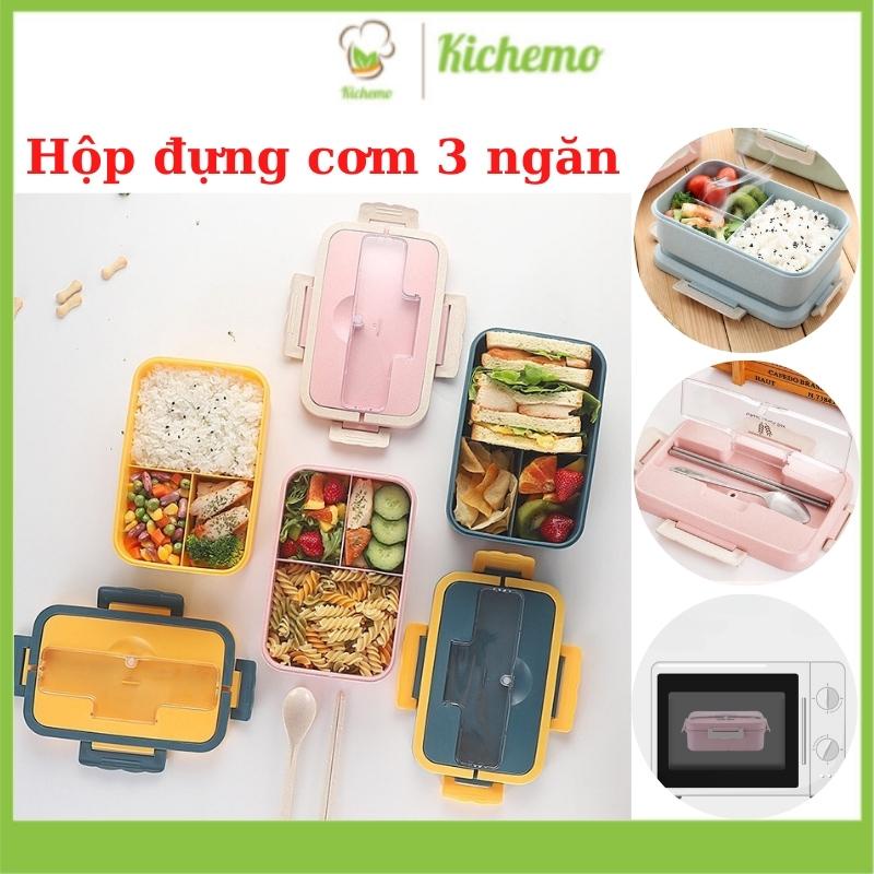 Hộp Đựng Cơm Văn Phòng Lúa Mạch Chia 3 Ngăn Giữ Nhiệt Tặng Kèm Đũa Thìa