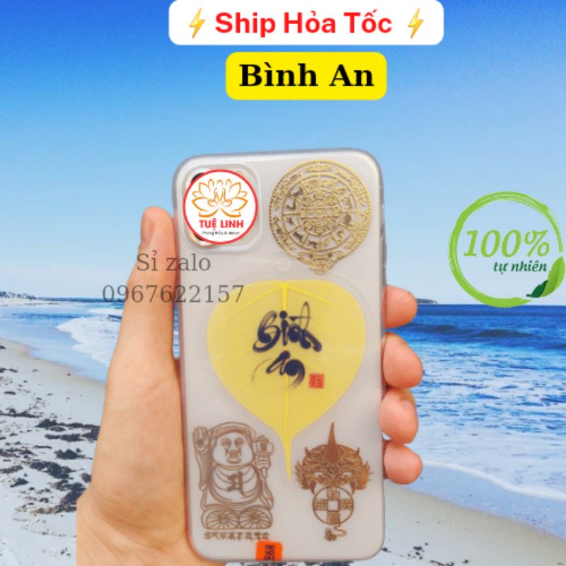 Lá Bồ Đề viết chữ thư pháp Bình An (Lá Vàng, Trắng)