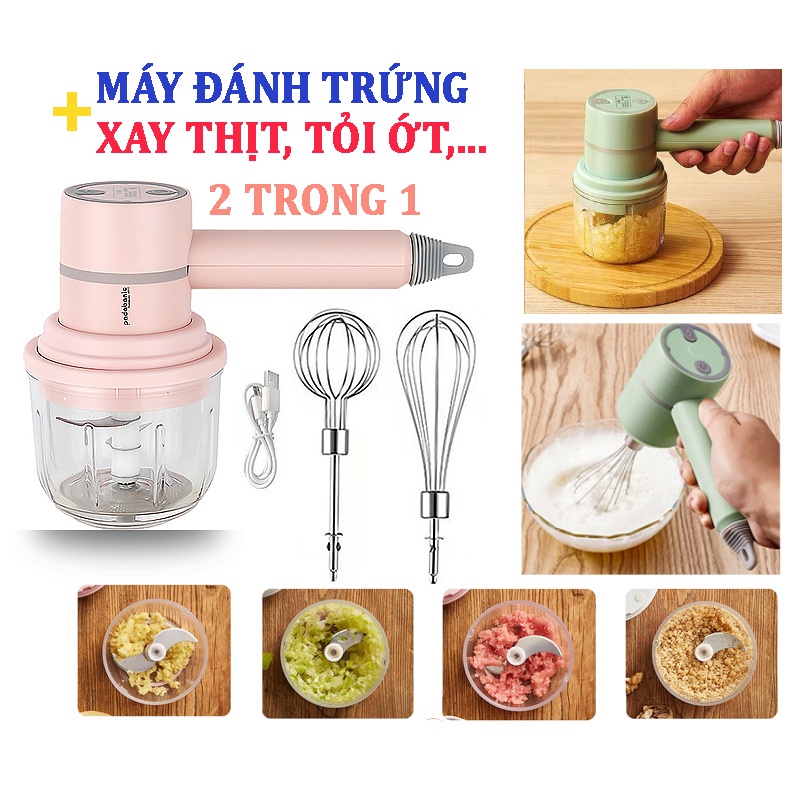 Máy Đánh Trứng Kiêm Xay Thịt, Xay Tỏi Ớt Mini Cầm Tay 3 Trong 1 Không Dây