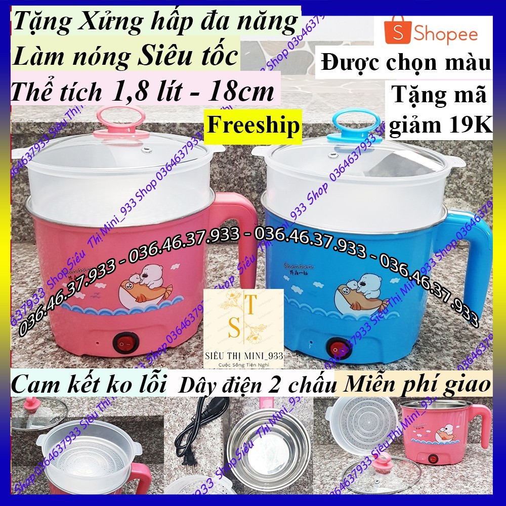 Ca nấu mì mini đa năng siêu tốc Có Kèm Lồng Hấp đường kính 18cm 1,8 lít kiêm ca nấu lẩu nắp kính cường lực