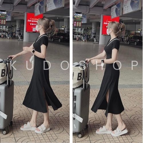 Váy body xẻ tà tay ngắn ulzzang KUDOSHOP Váy suông cổ tròn dáng ôm màu đen trẻ trung cá tính mặc tôn dáng