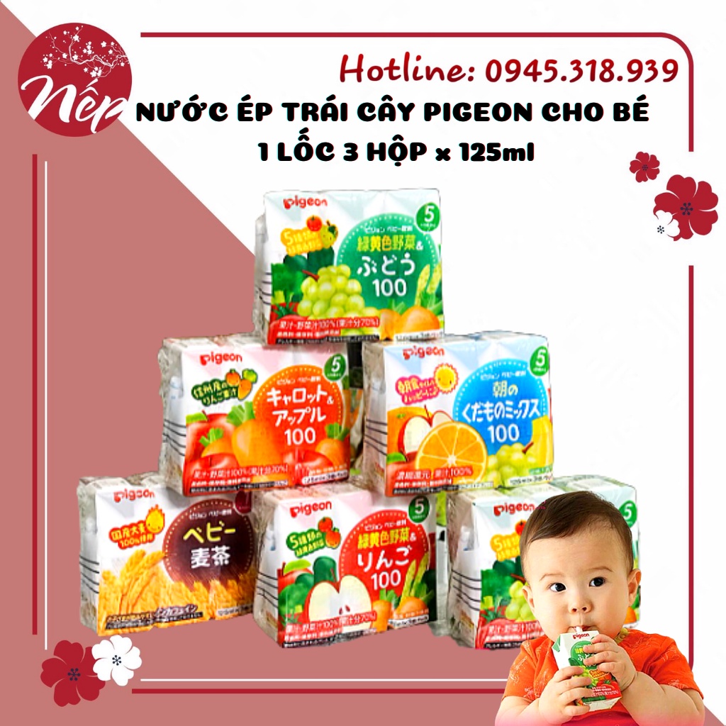 (Date 2022) NƯỚC ÉP TRÁI CÂY PIGEON CHO BÉ 1 LỐC 3 HỘP x 125ml