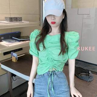 Áo Kiểu Tay Phồng Ngắn Xếp Ly Kẻ Sọc Phối Dây Rút Cá Tính