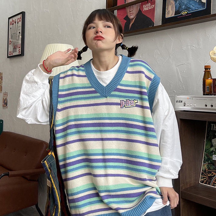 Áo Dệt Kim Sát Nách Cổ Chữ V Dáng Rộng Kẻ Sọc Ngang Màu Sắc Trẻ Trung Phong Cách Hàn Quốc Cho Bạn Gái