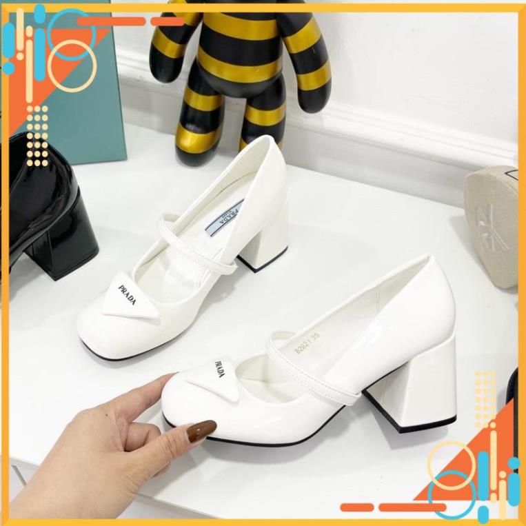 Giày Cao Gót prada mũi tròn gót trụ fullbox + bill + túi giấy
