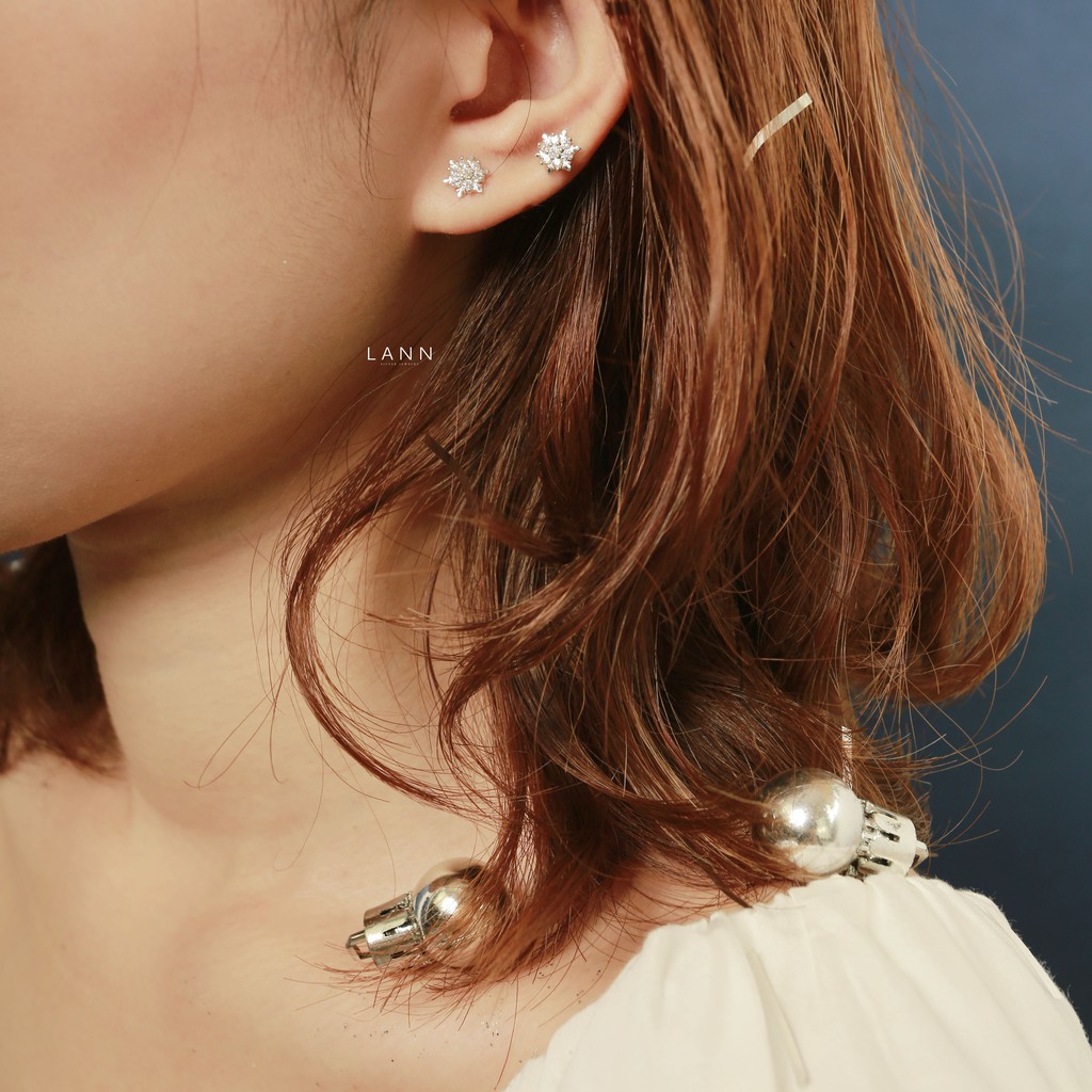 Khuyên Hoa Tuyết Kín Đá BẠC S925 LANN E233 Phong cách Hàn Quốc, Giáng sinh