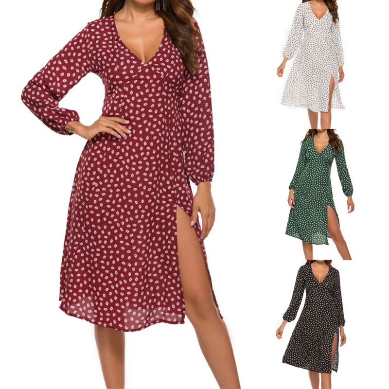 Xiangbao Đầm Midi Dài Tay Phồng Cổ Chữ V Xẻ Sâu Cao Gợi Cảm Cho Nữ Fl