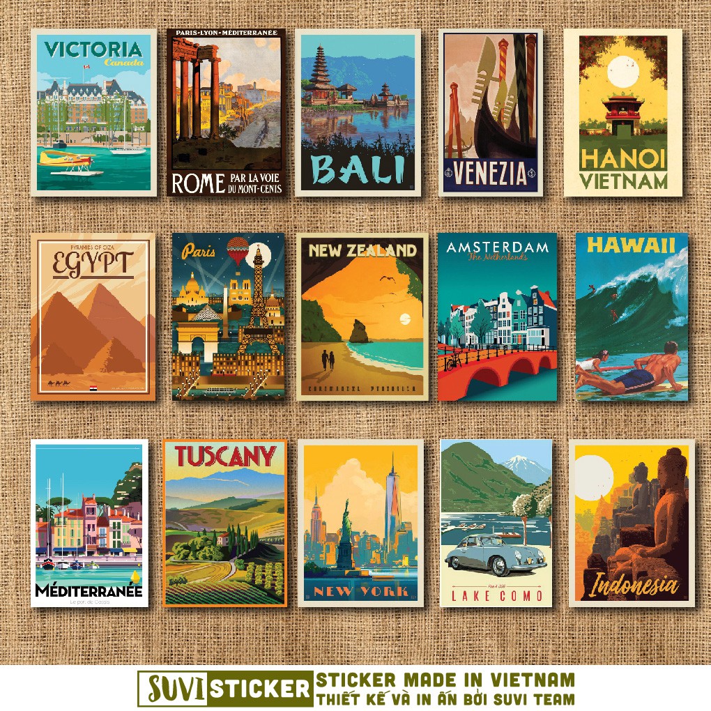 50 Sticker Vintage Travel chống nước sticker dán mũ bảo hiểm, laptop, điện thoại, đàn guitar, vali. MSP: SV38
