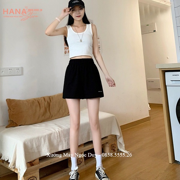Quần short nữ cạp chun lưng thun thêu chữ túi dáng quần đùi đũi nữ ống rộng tập gym thể thao đi biển ở nhà ngủ cá tính