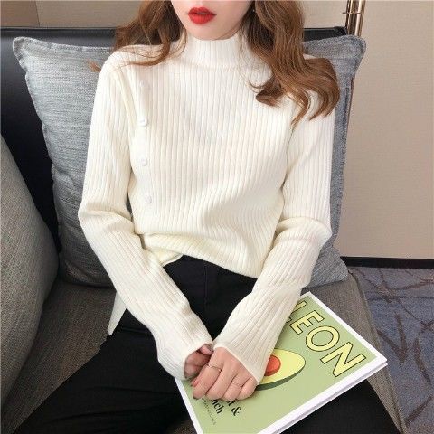 Áo len cổ cao tay dài phối nút thời trang xinh xắn cho nữ