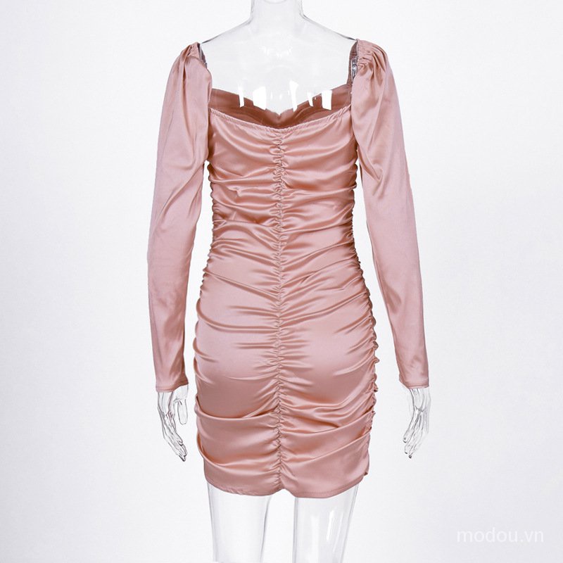 Đầm dự tiệc tay dài trễ vai chất satin thiết kế thanh lịch cho nữ