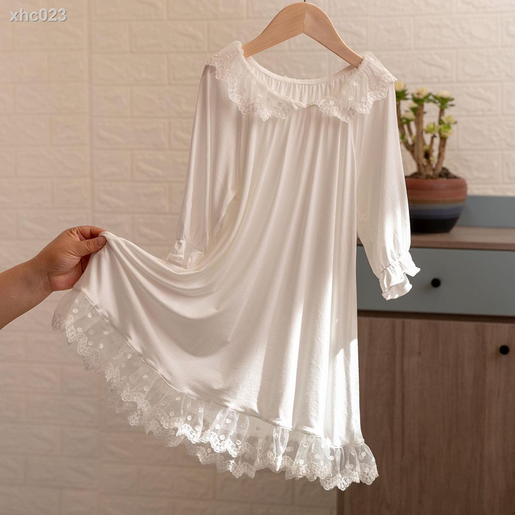 ▧Đầm Ngủ Lụa Dài Tay Phối Ren Xinh Xắn Theo Phong Cách Xuân Thu Dành Cho Bé Gái