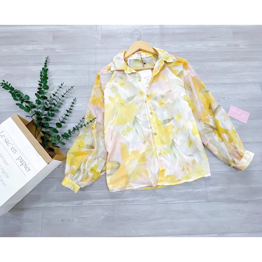 🌈 Áo SƠ MI VOAN HOA VÀNG thân 2 lớp tay bồng cổ bẻ sang chảnh tiểu thư vintage công sở