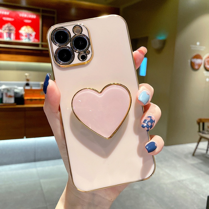 Ốp Điện Thoại Viền Vuông Mạ Điện Kèm Giá Đỡ Hình Trái Tim Cho IPhone 13 12 11 Pro Max XS Max XR X 8 7 Plus