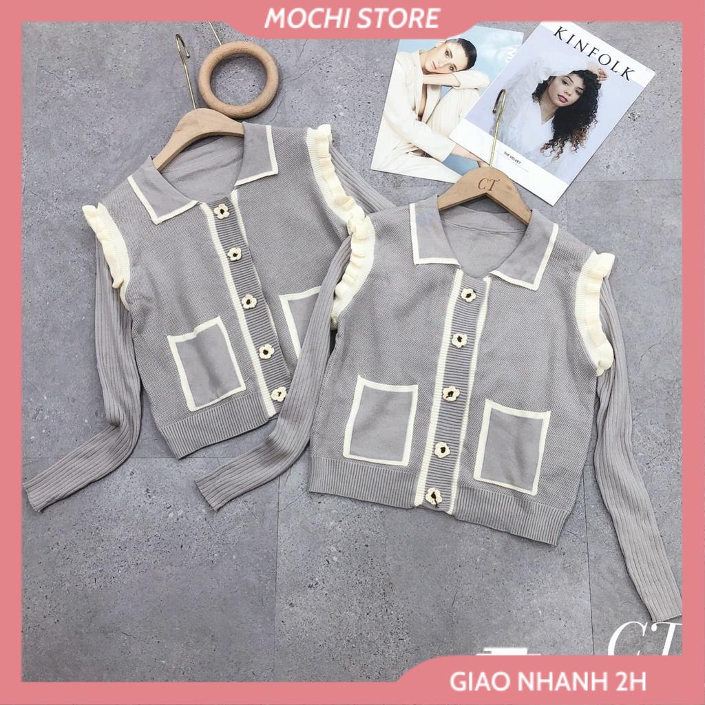 Áo Khoác Cardigan Cổ Bẻ, Áo Len Xám Ghi Bèo Vai Phối Túi Đính Nút Hoa Cúc Hàng Quảng Châu Cao Cấp Siêu Đẹp. | BigBuy360 - bigbuy360.vn