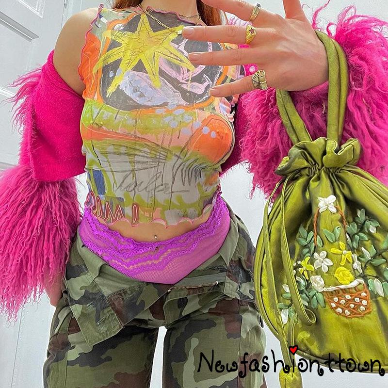 Áo Croptop Phối Lưới In Họa Tiết Hoạt Hình Dễ Thương Phong Cách Harajuku Y2K