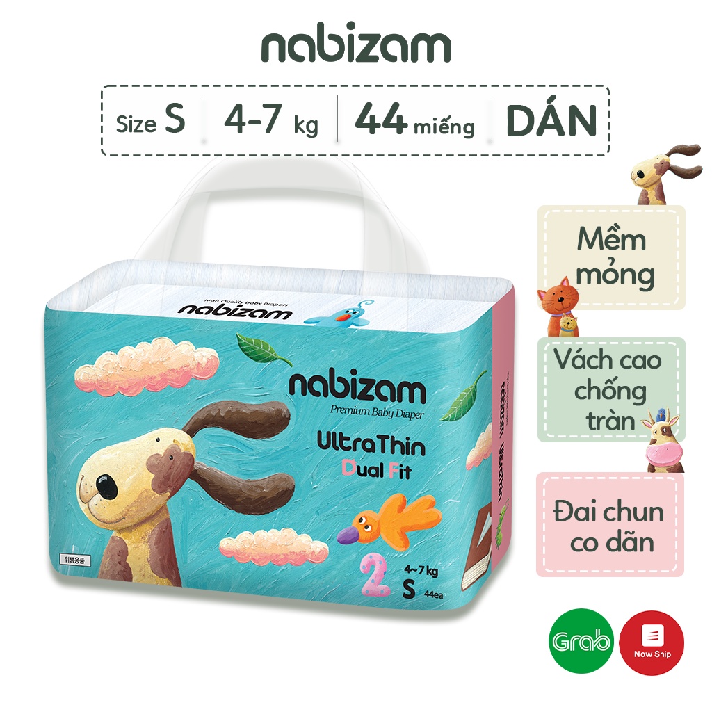 Tã/Bỉm Dán Nabizam UltraThin Nội Địa Hàn Lõi Thấm Hút 3 Lớp Size S44 Cho Bé Từ 4-7kg, 44 Miếng