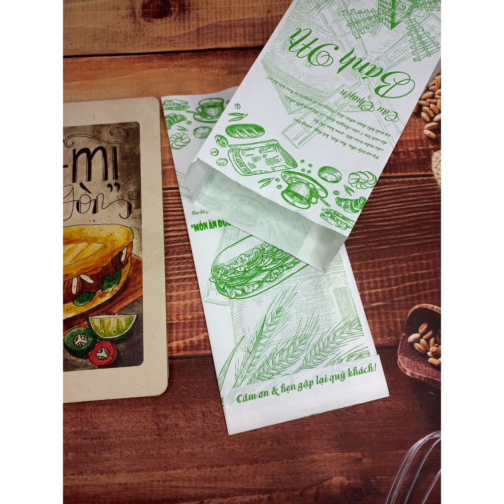 100 túi giấy ĐỰNG BÁNH MÌ TRUYỀN THỐNG Họa Tiết Xanh  / Giấy Thực Phẩm kraft