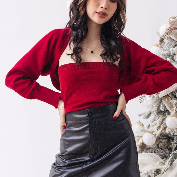 Set áo len dài tay đỏ khoác ngoài kèm áo quây croptop hàng thiết kế Mia Ritta A2115