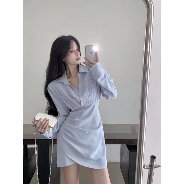 ĐẦM SƠ MI XANH VẠT CHÉO BÁNH BÈO