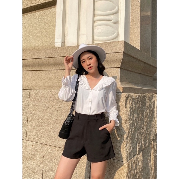 Áo sơmi cổ tim nhún bèo