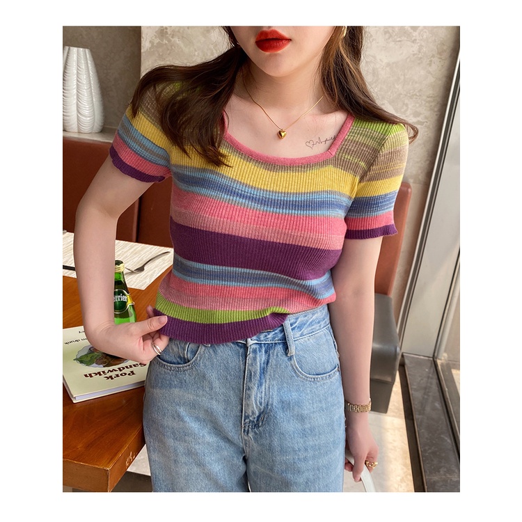 Áo Thun Dệt Kim Ngắn Tay Cổ Vuông Họa Tiết Kẻ Sọc Thời Trang Mùa Hè Mới Cho Nữ