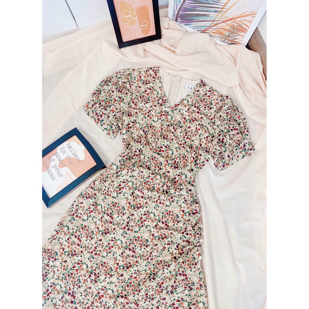 Đầm Hoa Nhí Vintage ❤️FREESHIP❤️ Dáng Xòe Cổ V Tay Ngắn Xếp Ly Eo Đính Hạt | BigBuy360 - bigbuy360.vn