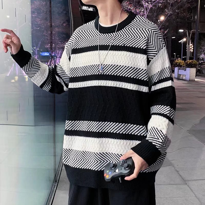 Áo sweater dệt kim dáng rộng tay dài kẻ sọc thời trang thu đông phong cách Nhật Bản cho nam size M-2XL
