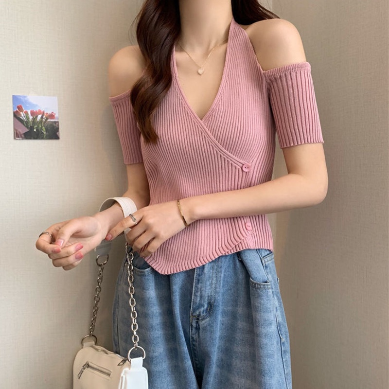 Áo Thun Tay Ngắn Cổ Chữ v Màu Trơn Thời Trang Dành Cho Nữ