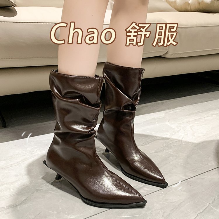 Giày Bốt Cao Gót Mũi Nhọn Xếp Ly Thời Trang