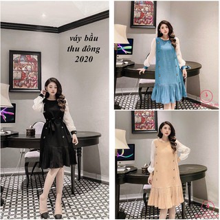 Váy bầu thu đông new 3 màu chất nhung gấu ly phối tay tơ oganza siêu xinh (size 45 - 65kg) hình thật