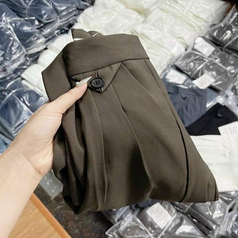 Quần ống rộng 6321 nữ dài 95cm dáng suông đứng có lắp túi giả điệu đà cạp nhỏ 1 cúc lưng cao