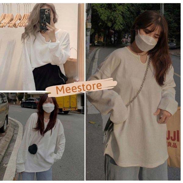 Áo Len Khoét Giọt Lệ Mee nữ - Thun dài tay chất tổ ong dáng rộng cổ V phong cách Hàn Quốc siêu xinh