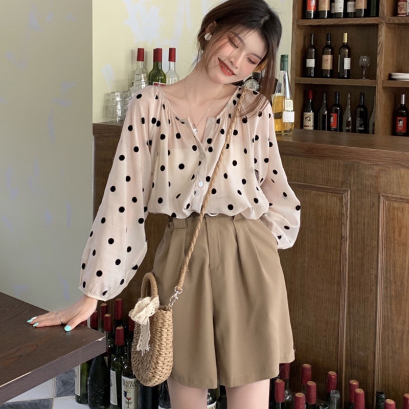 Set Áo Sơ Mi Tay Dài Dáng Rộng Họa Tiết Chấm Bi Phối Chân Váy Lưng Cao Phong Cách Retro Phương Tây